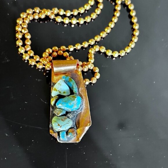Kingman Turquoise Copper Pendant Necklace Brutalist Gift Choker 16" Handmade - Picture 3 of 6